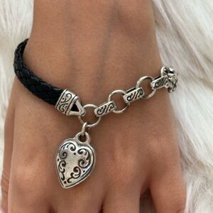 Brighton Black Braided Leather Bracelet with Silver Heart Charm